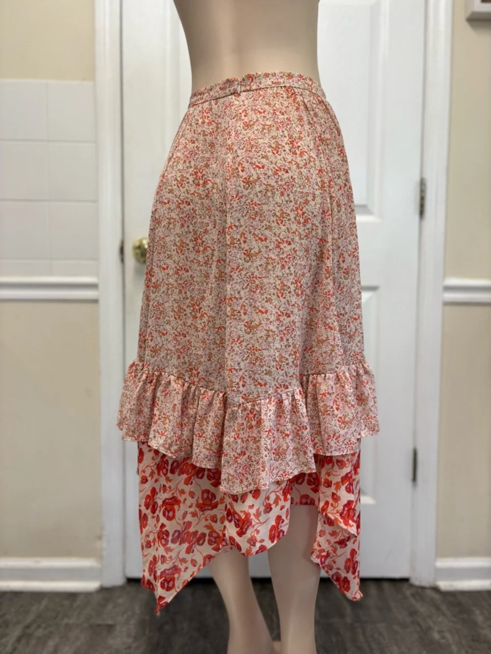Free People Zuma Drippy Floral Handkerchief Ruffle Midi Skirt Size 6 Boho Prarie